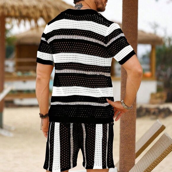Black And White Casual Men's Hollowout Striped Crochet Knit Two-Piece Set - Picture 2 of 7